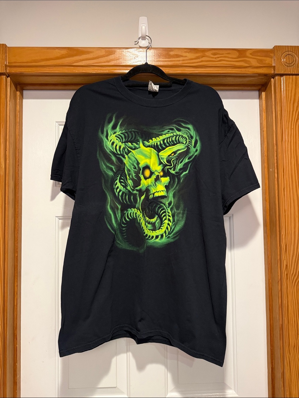 Jerzees Black Tee with Neon Green Skull and Snake Artwork